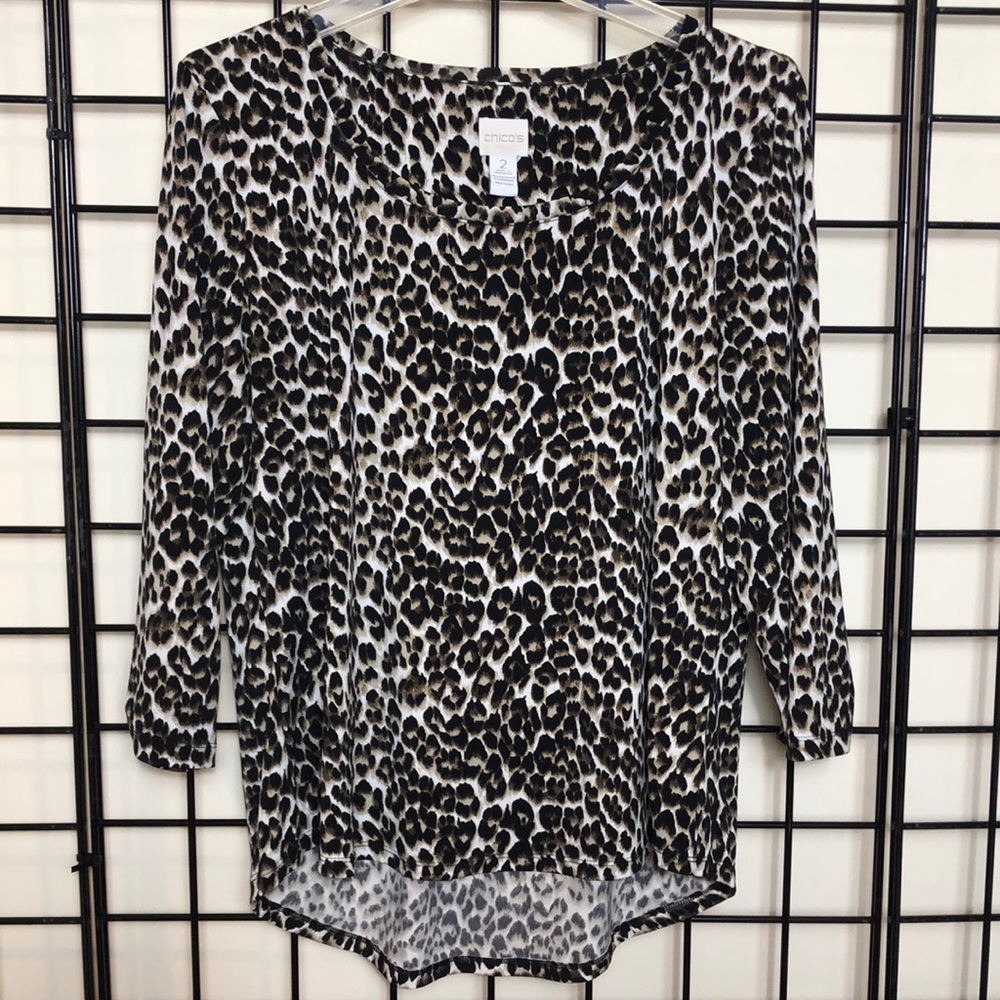 Chico’s Sz 2 Animal Print Soft Jersey 3/4 Sleeve Top Sz L Black, Brown, Cream